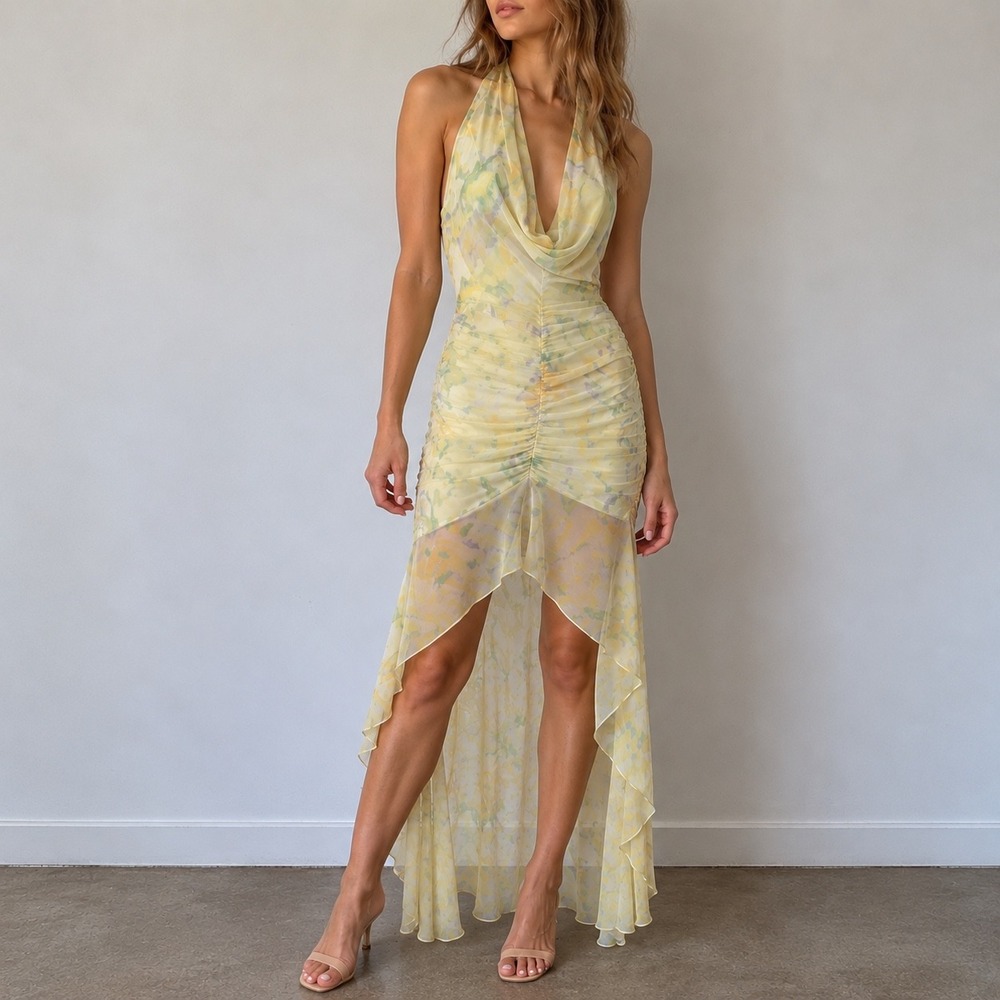 Elliatt Yellow Monica Floral Halter High Low Dress XS Fairycore Cottagecore